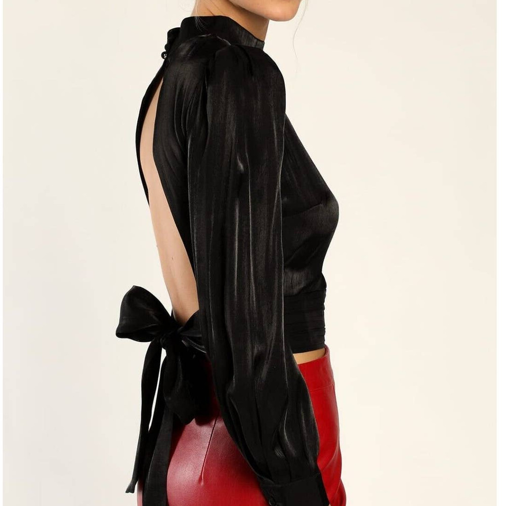 Lulu's Black Satin Balloon-Sleeve Blouse